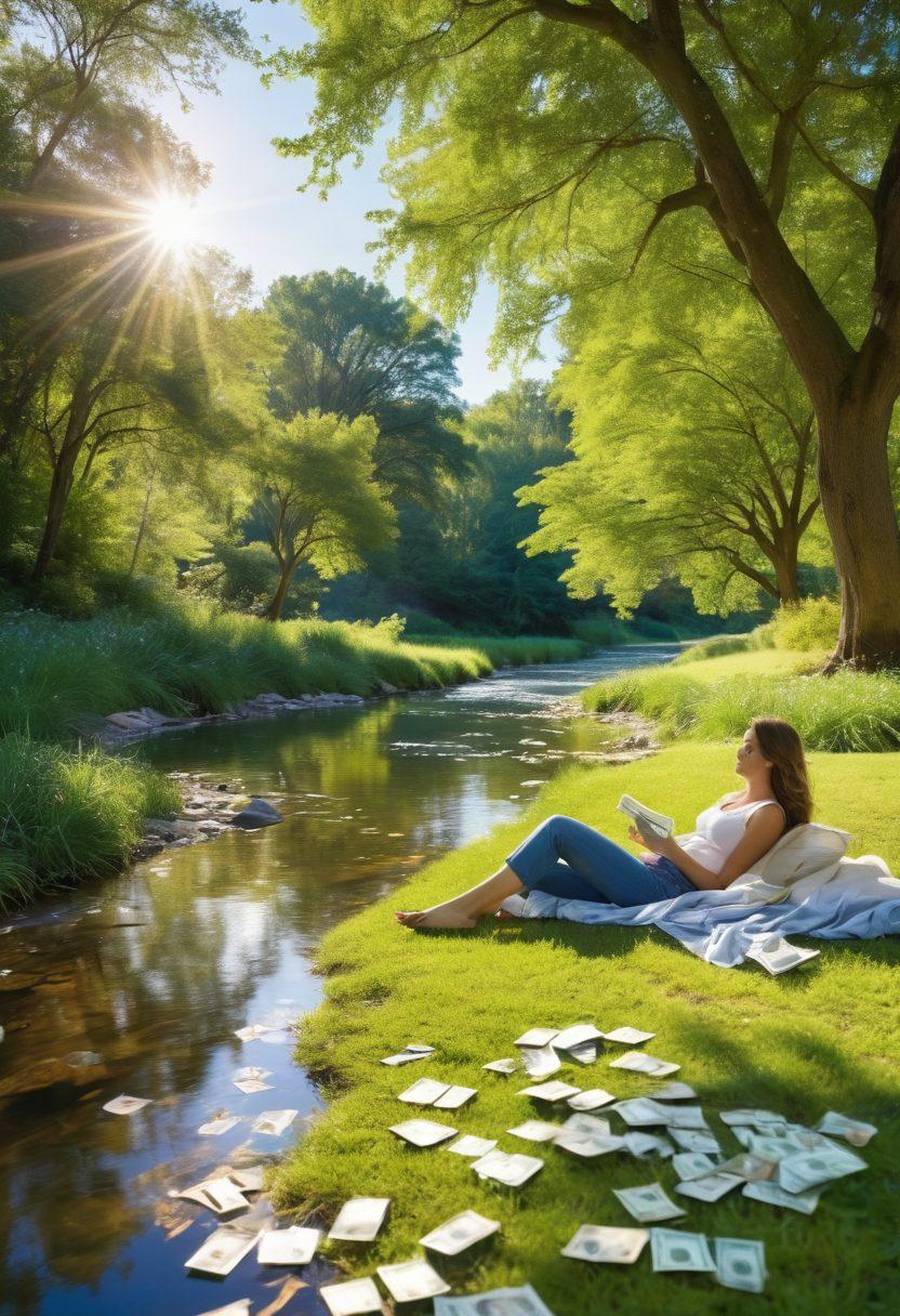 A person casually enjoying a beautiful park with cash flowing like a gentle stream around them, symbolizing effortless access to money. Bright sunlight filtering through the trees, exuding a sense of freedom and tranquility. Include visual elements like dollar bills as leaves, and a backdrop of a clear blue sky. super-realistic. vibrant colors.