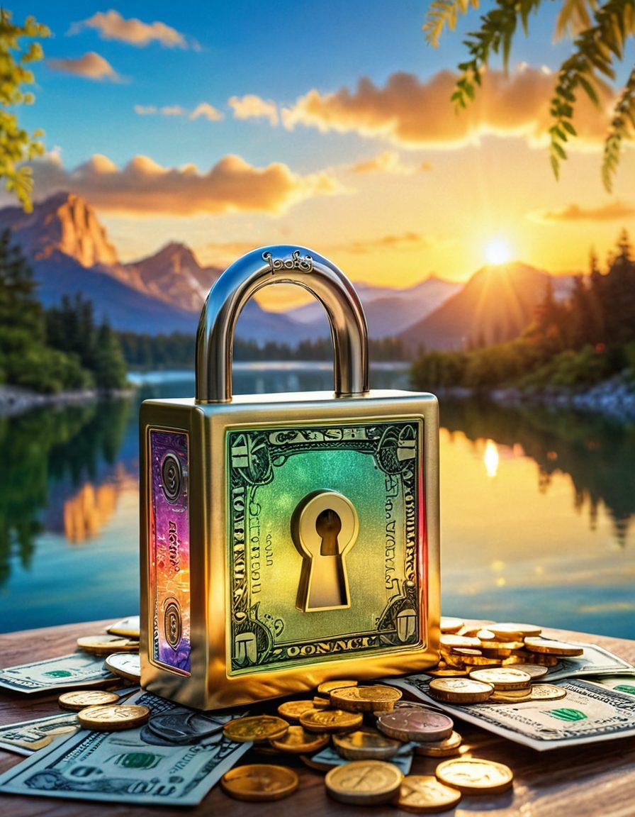A glowing lock being opened by a golden key, surrounded by floating dollar bills and colorful coins representing instant cash solutions. In the background, a serene landscape with a shining sun symbolizing financial freedom and prosperity, adding warmth and hope to the scene. bright colors. super-realistic.