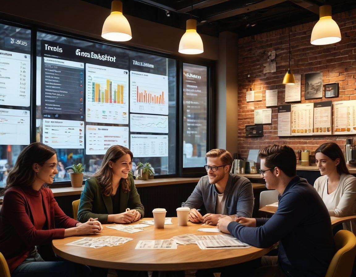 A vibrant scene depicting a diverse group of people joyfully exchanging ideas about money-making strategies in a cozy café. Include stacks of cash, colorful charts illustrating growth, and a digital screen showing fast money insights. The atmosphere should radiate positivity and teamwork, with a warm, inviting color palette. super-realistic. vibrant colors. cozy interior.